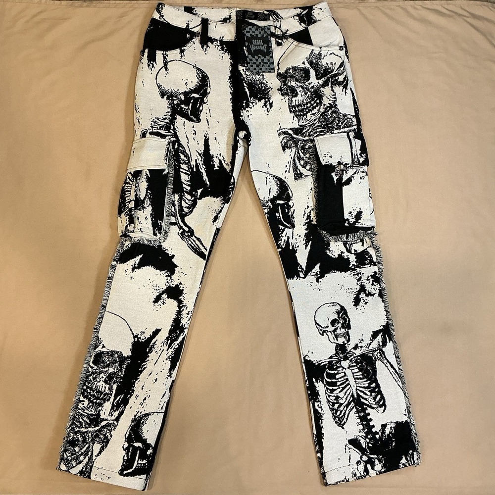 Rebel Vengeance Skeleton Pants Mens 30x32 Graphic Cargo Goth Y2K Streetwear NEW